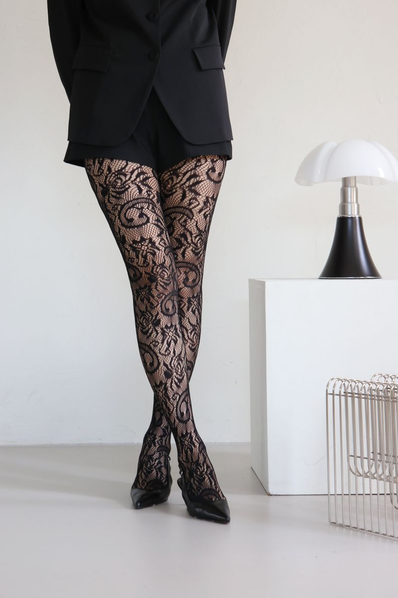 flower lace mesh tights (black)