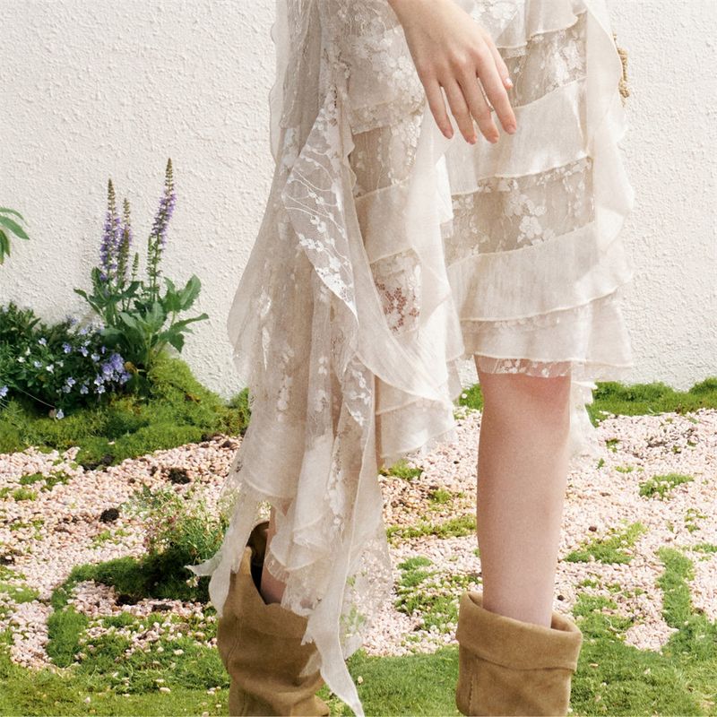 MAQI Frill Lace Asymmetrical Chiffon Resort Look Tiered Long Skirt
