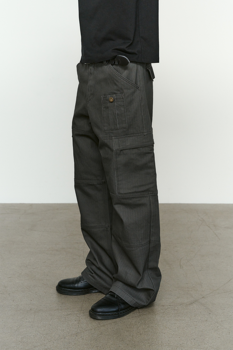 4 Panel Cargo Pockets Herringbone Twill Pants (Gray)