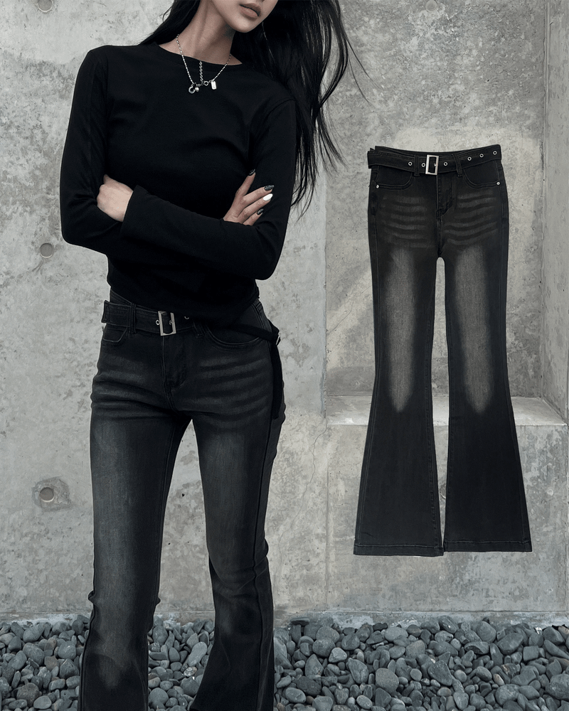 GUSTA（グスタ）の「Y2Kヘナブラッシュハイウェストデニムスパンブーツカットロングパンツ&ベルトセット (2colors) / BLACK.VER（パンツ）」