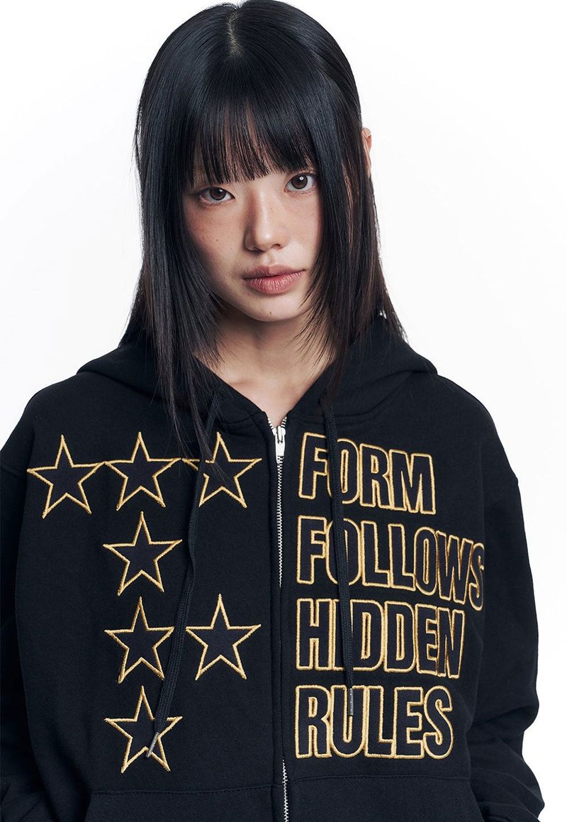Star Lettering Patch Hoodie Zip-Up - Black