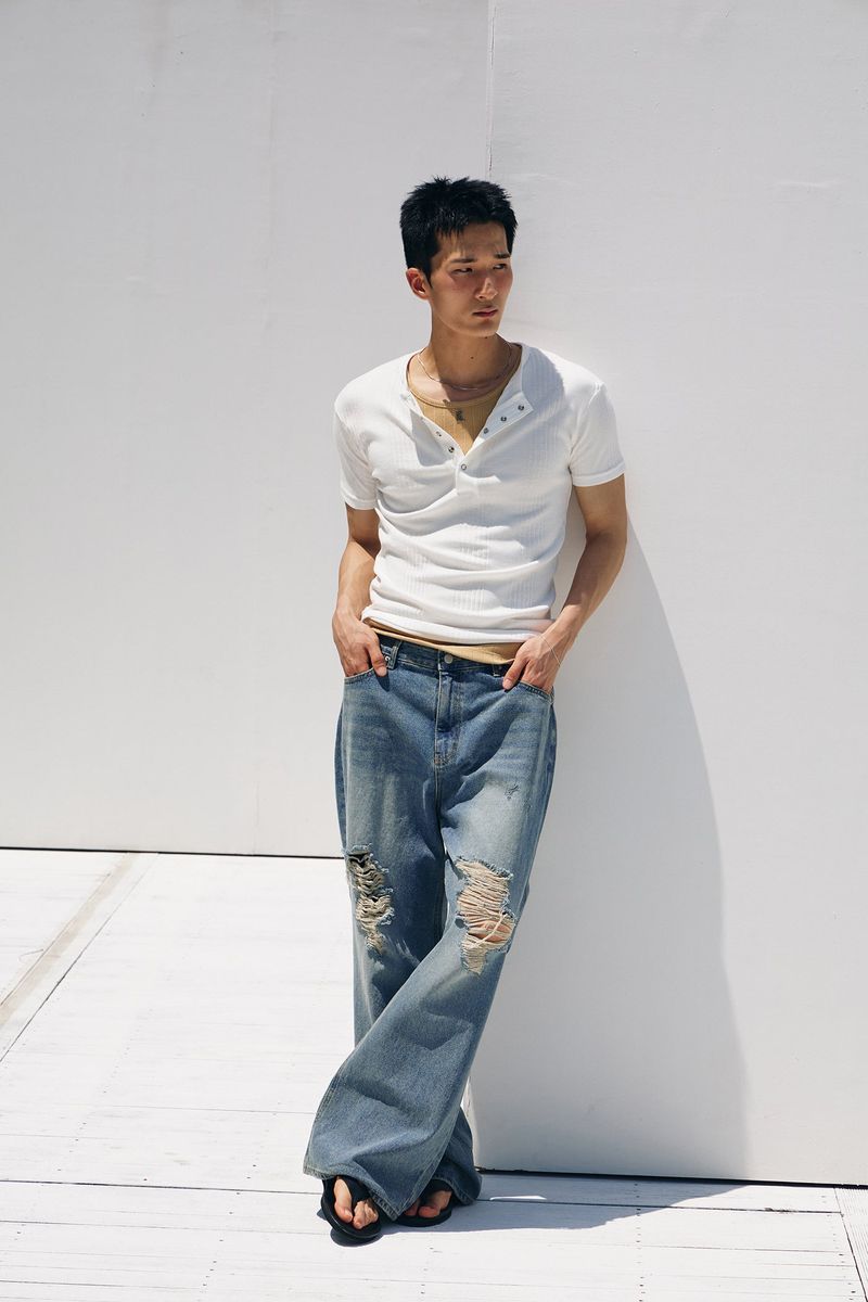 Tin washed damage flare denim pants(Blue)
