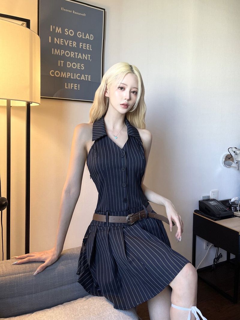 1280. Stripe halter low belt pleats mini ops