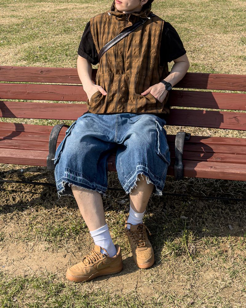 Crinkle Check Hooded Anorak Vest