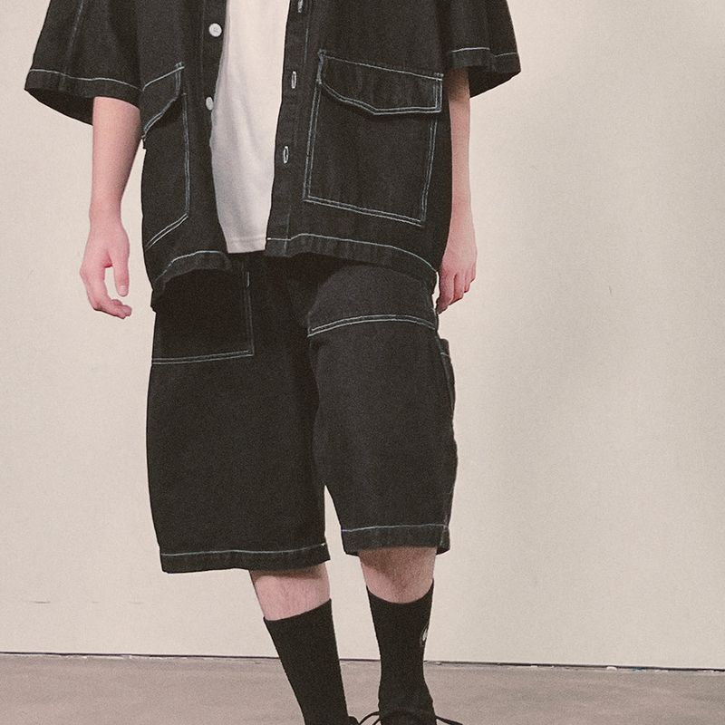 denim stitch shorts_black
