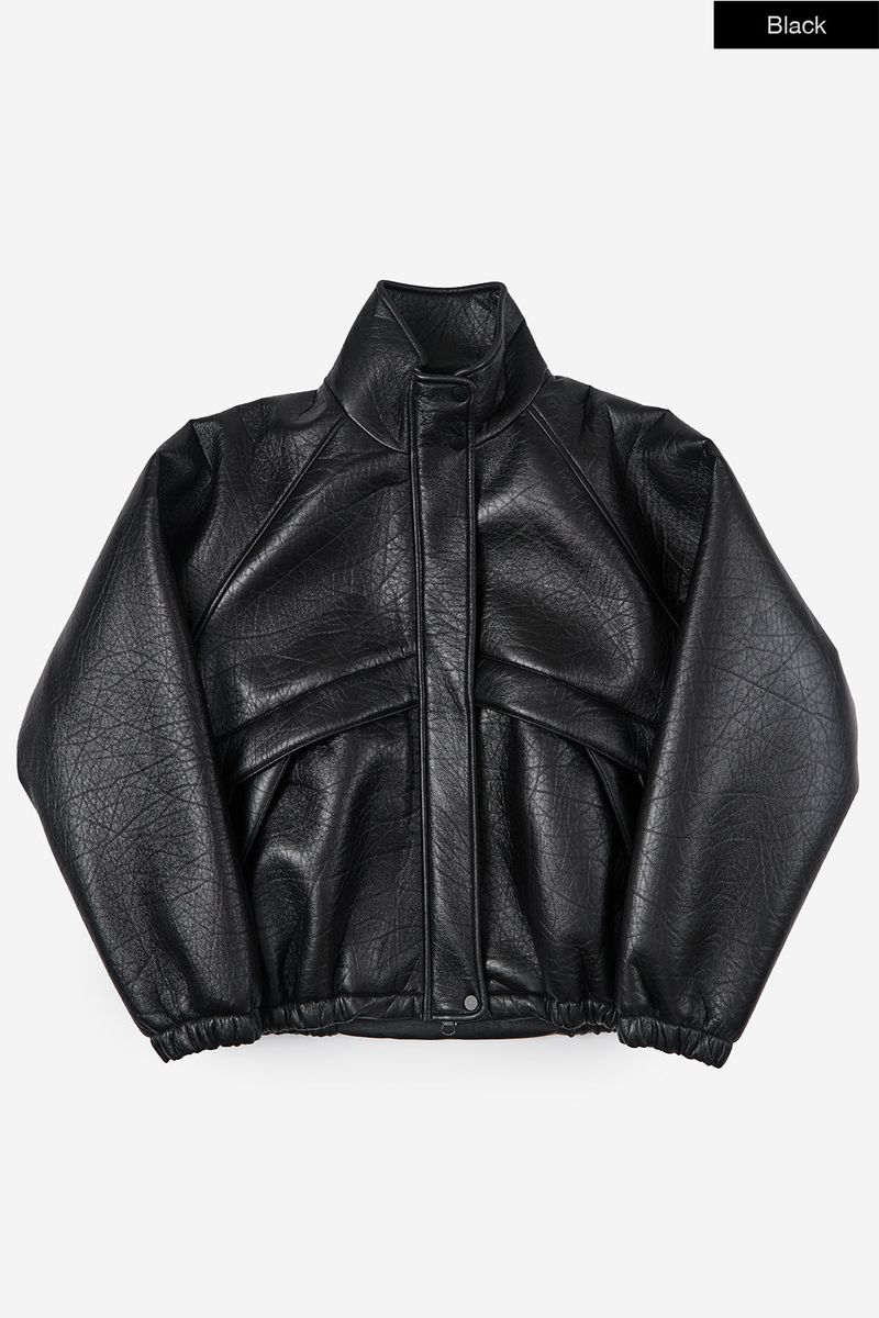 Puff raglan texture leather jumper