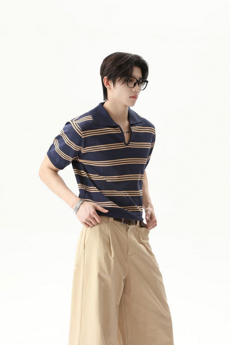 Striped V-Neck Polo Tee