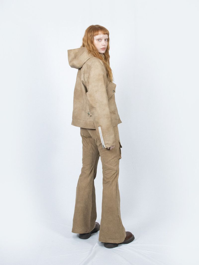 Curved Hood Leather Jacket (Beige)