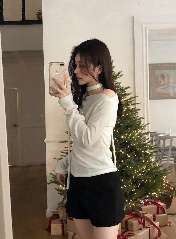 Drape One Shoulder Warm Knit +Tie Set (5color)