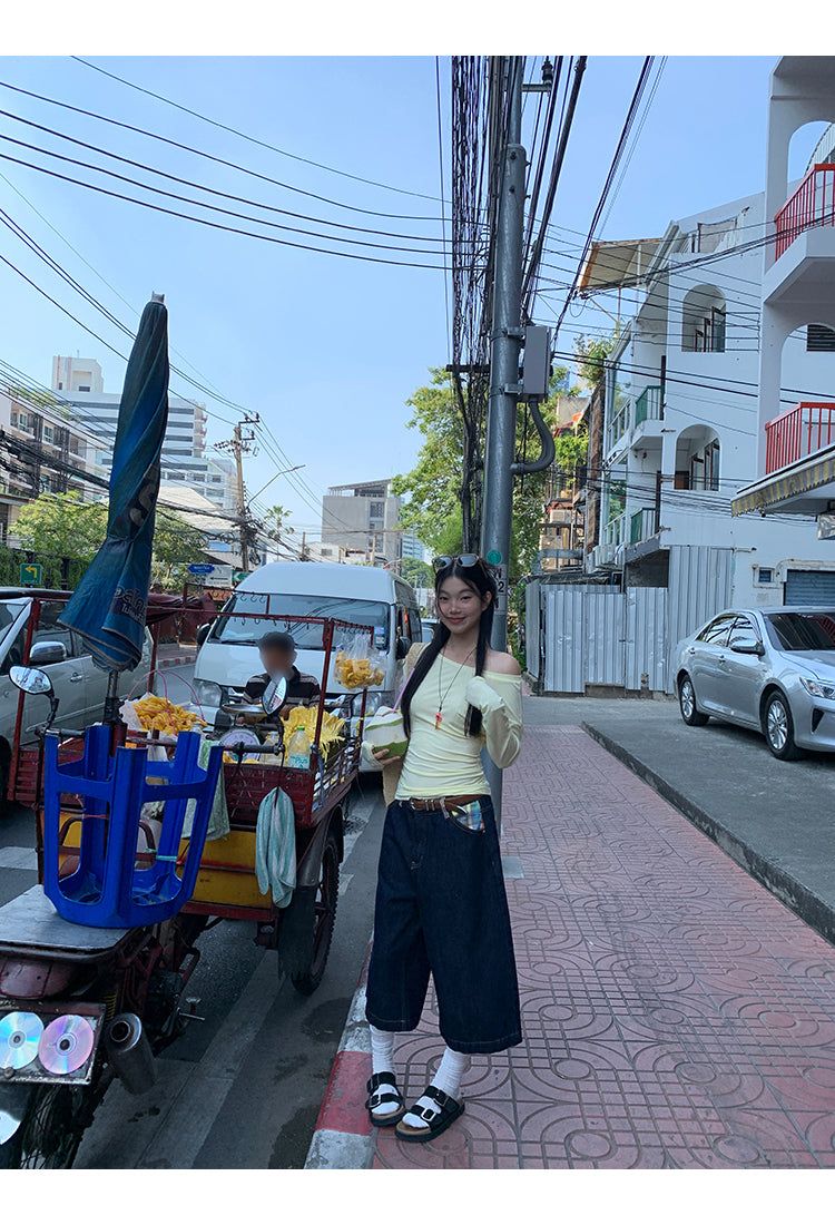 Checked pocket dark blue wide cropped denim