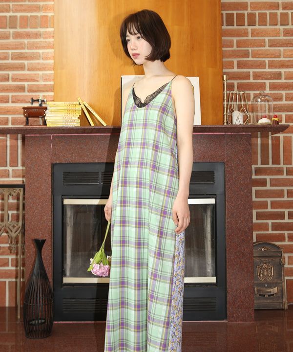 mint check & flower dress