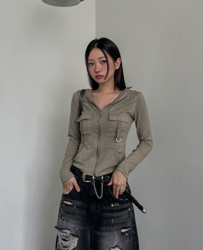 Caro Derring Strap Shirring Hooded Zip-Up