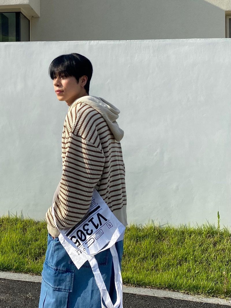 Stripe knit hooded zip up 3C