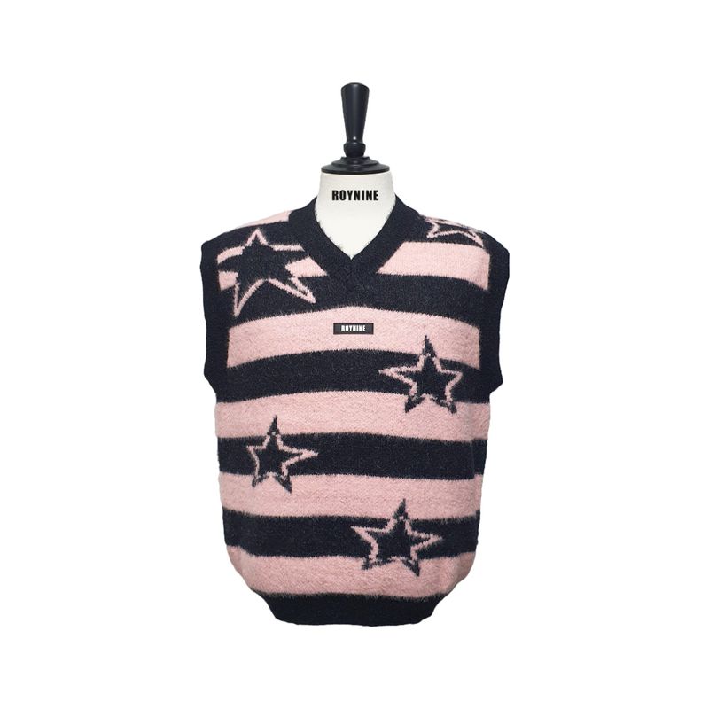 ROYNINE（ロイナイン）の「Black&Pink Stripe Star Knit Vest（Tops）」