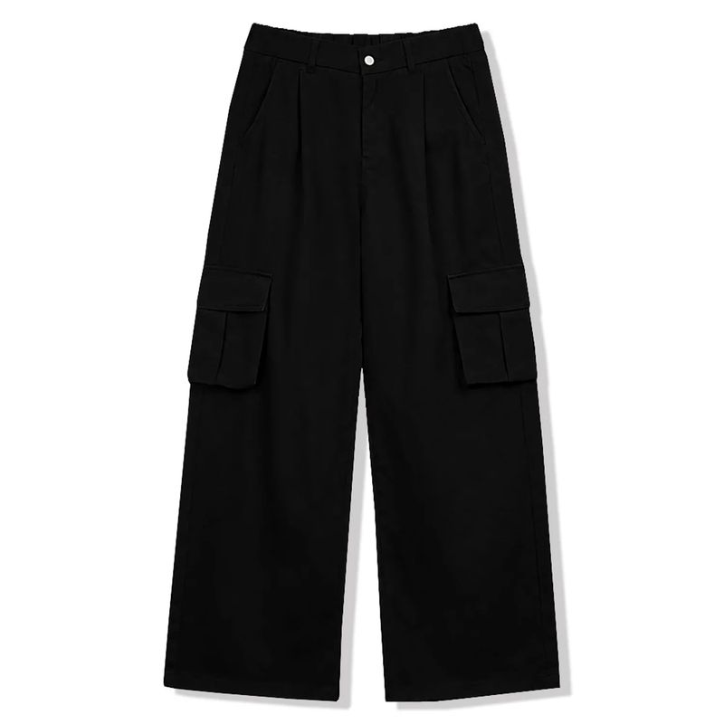 cargo drawstring wide cotton pants (black)