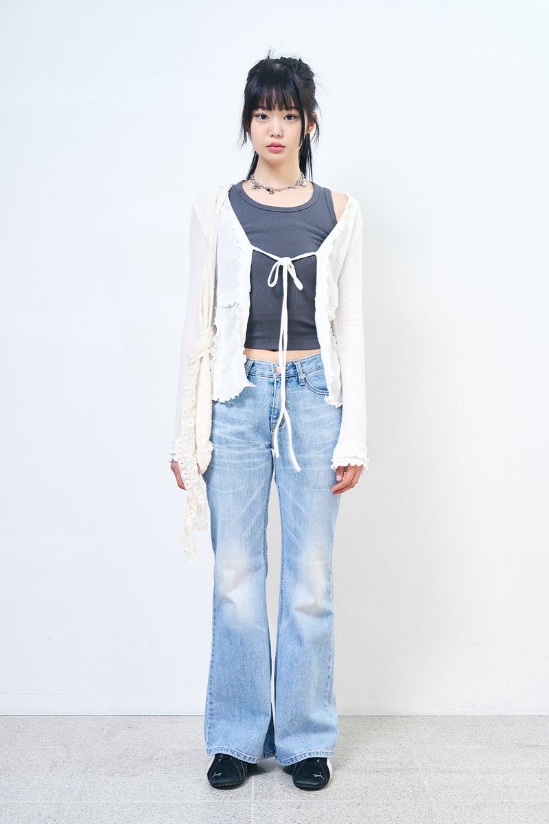 Non-button frill ribbed cardigan
