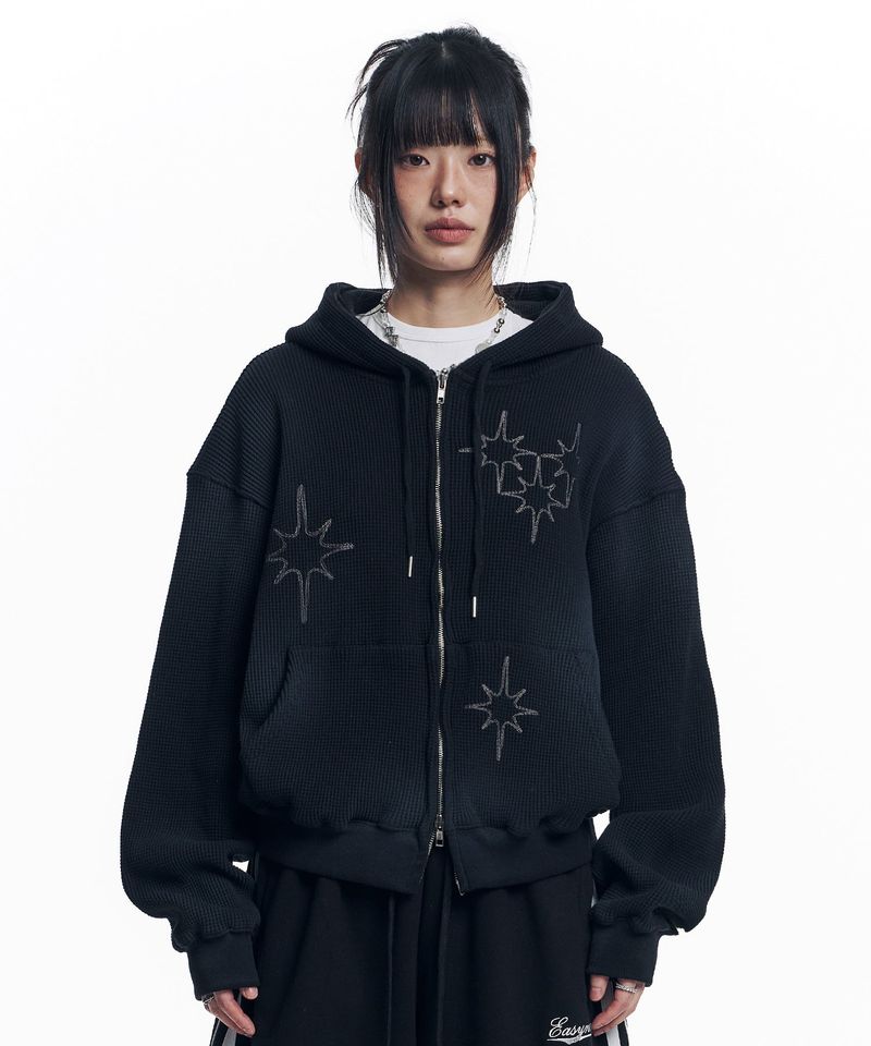EASY NO EASY（イージーノーイージー）の「Washed Star Waffle Hooded Zip-Up - Black（Tops）」