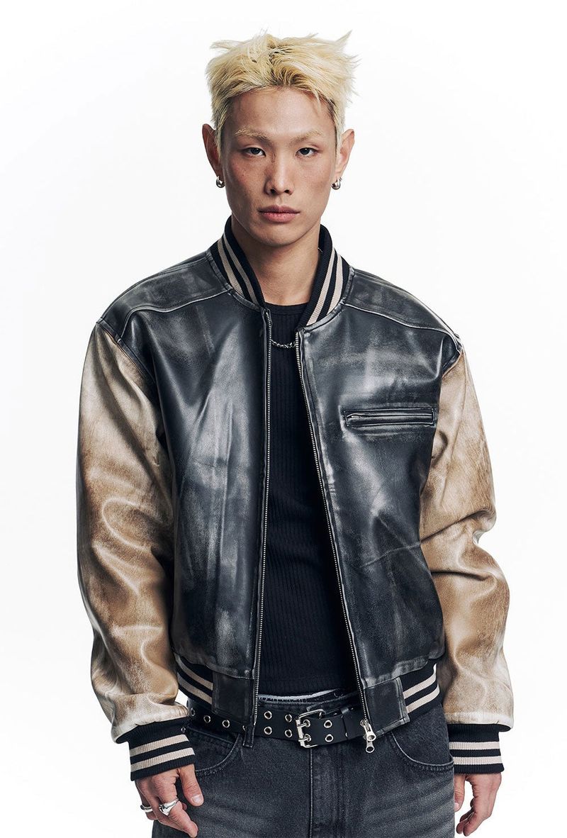 Dirty Washed Leather Varsity Jacket - Black