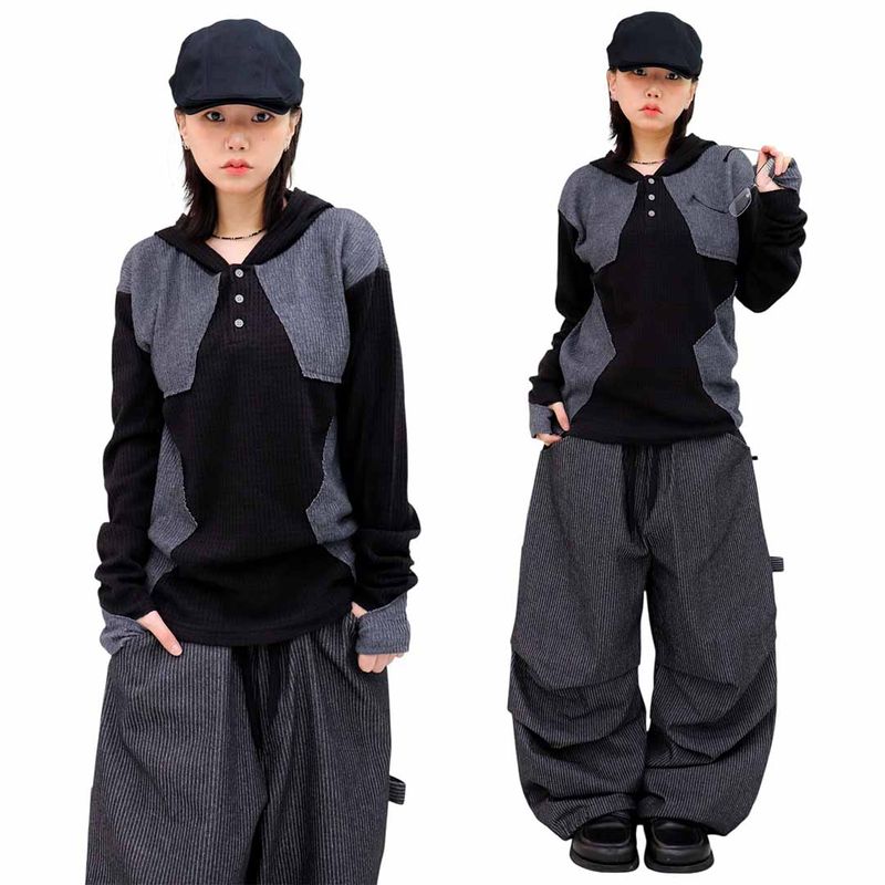 Colorblock Waffle Button Warmer Hoodie