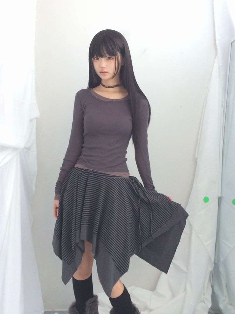 stripe ribbonline wave skirt