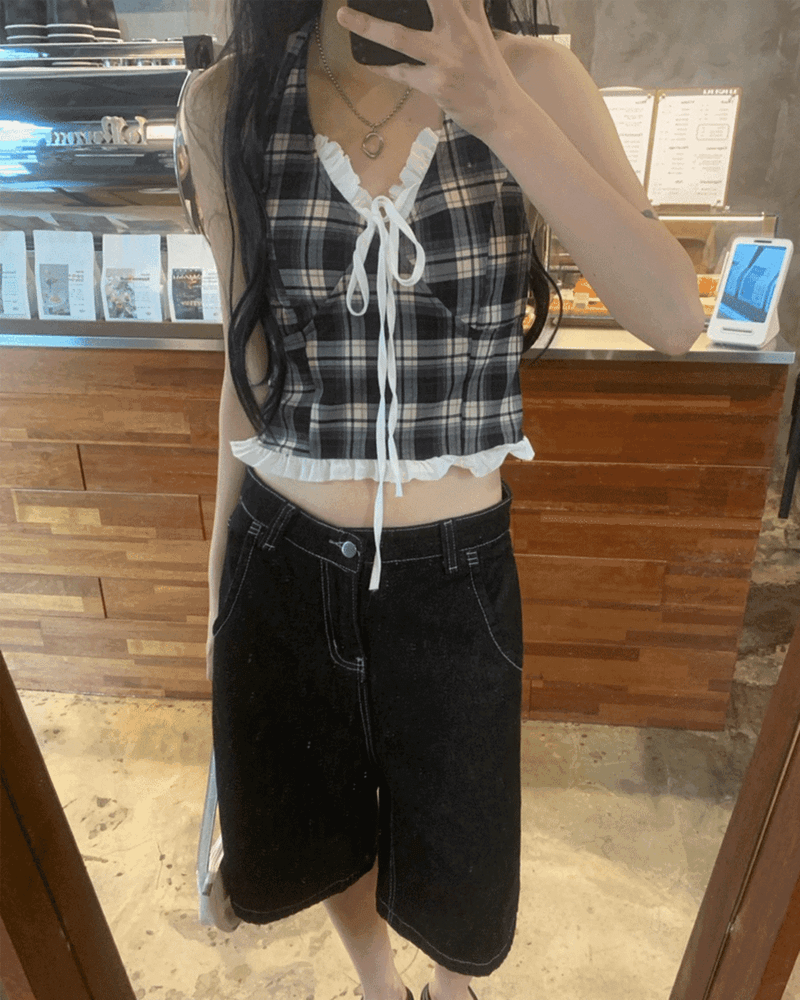GUSTA（グスタ）の「 🍒 Picnic Cap Built-in Check Halter Nashi Top (2 colors)（Tops）」