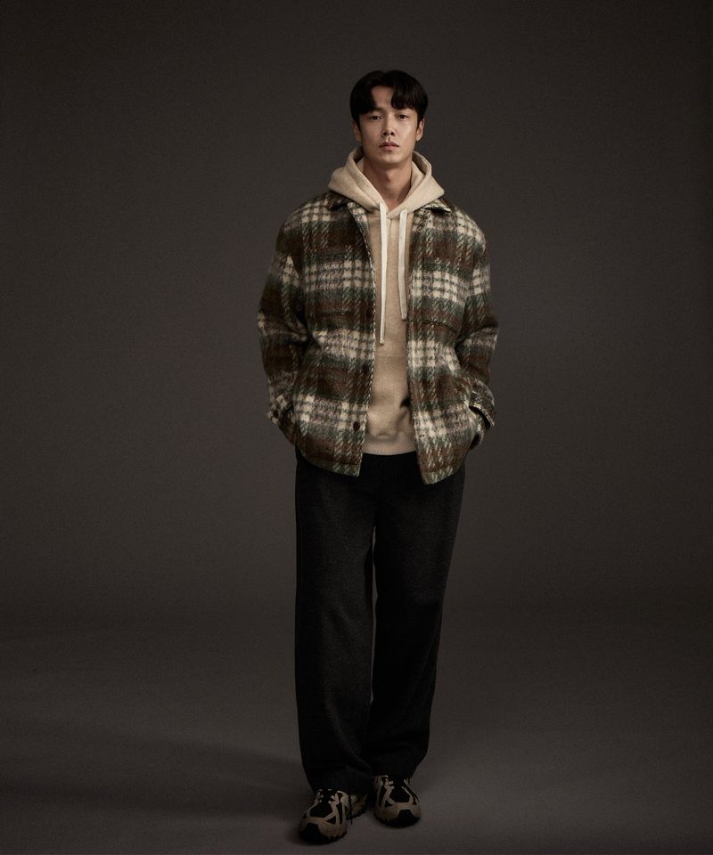 COZY HAIRY CHECK JACKET KHAKI
