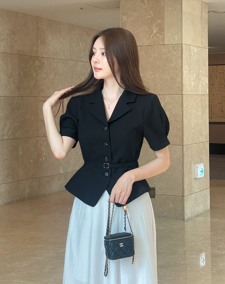 Riven Collar Puff Blouse Jacket (Belt Set)