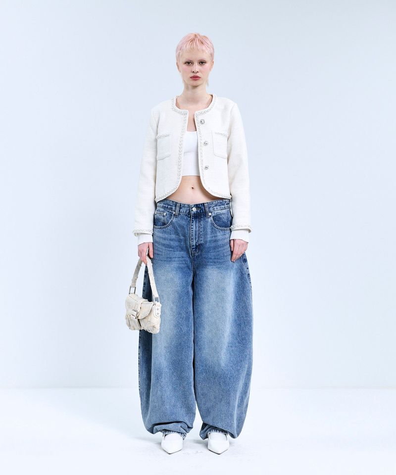 85-VIVAJ050 Line Point Crop Tweed Jacket White