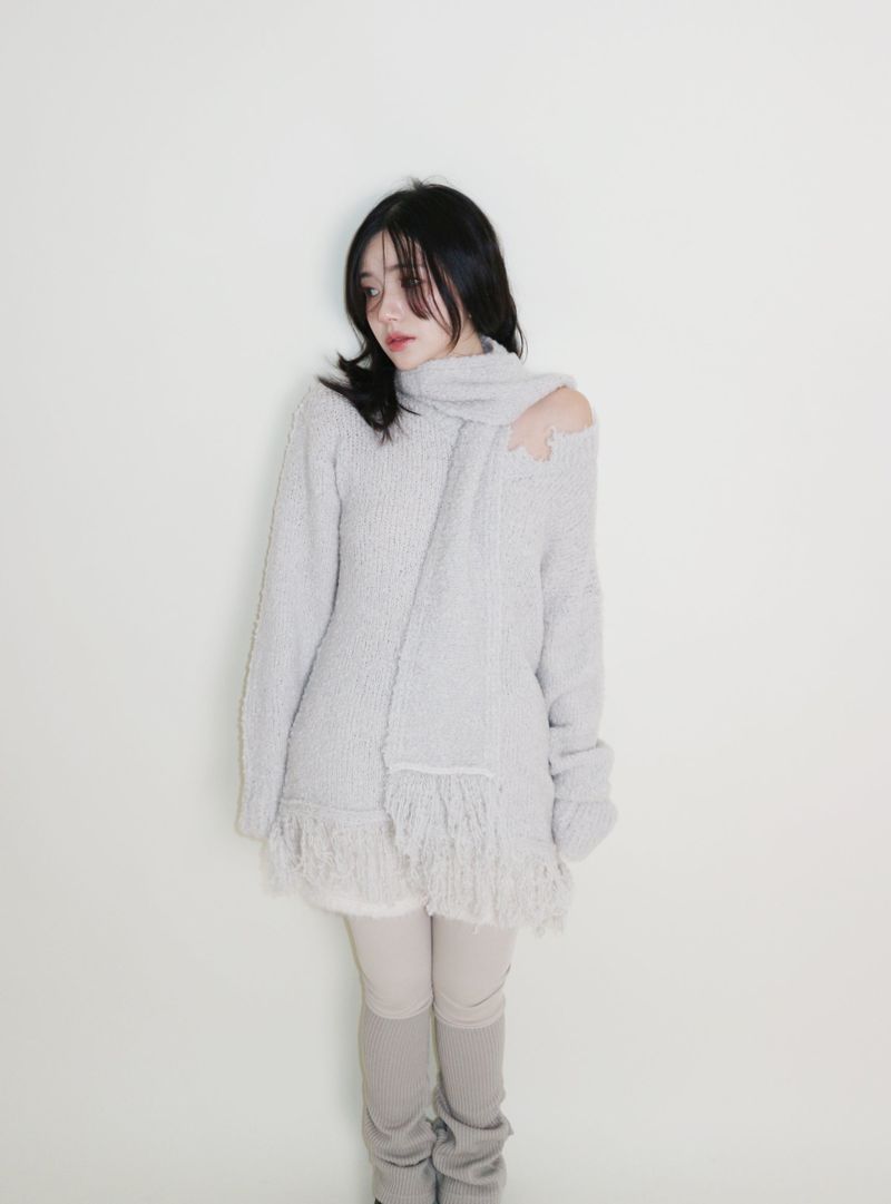 Puddle Demoor Tester Damage Long-Sleeved Knitwear Dress (Muffler Set)