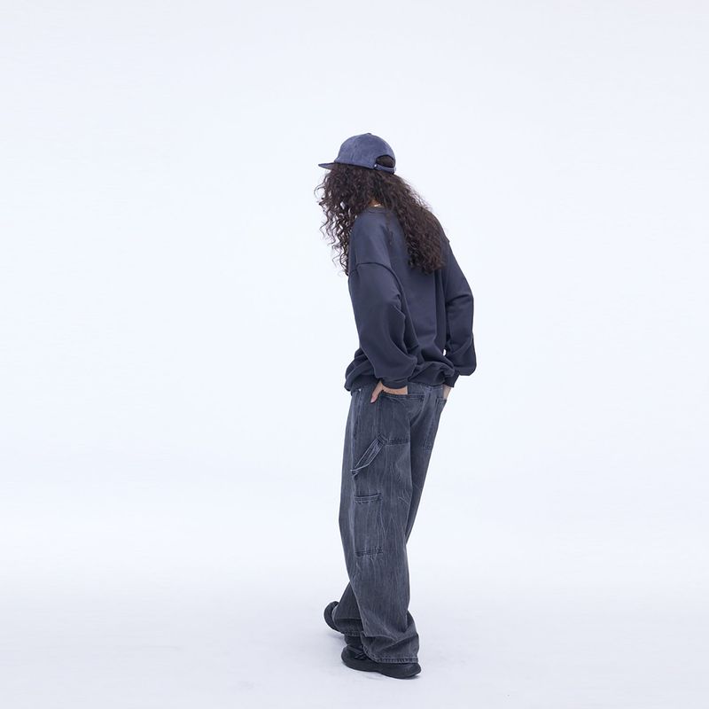 Curved Carpenter Crack Denim Pants Grey