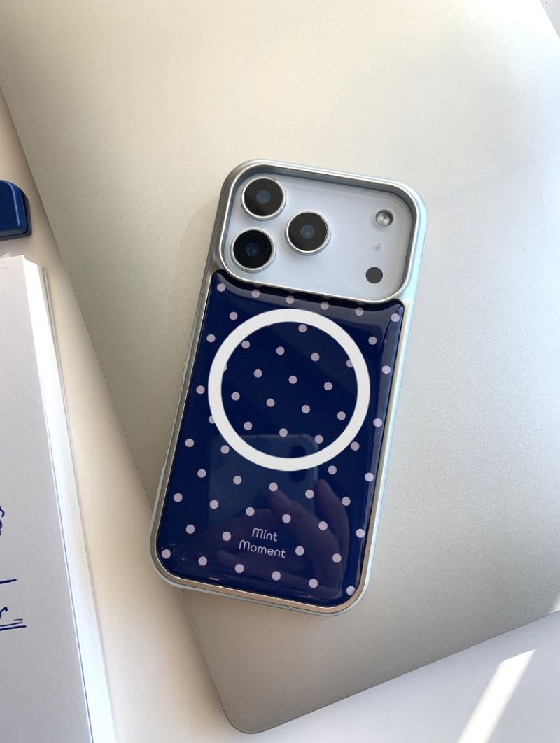  [MADE]ネイビーピンクドット エポキシ シルバー MagSafe iPhoneケース