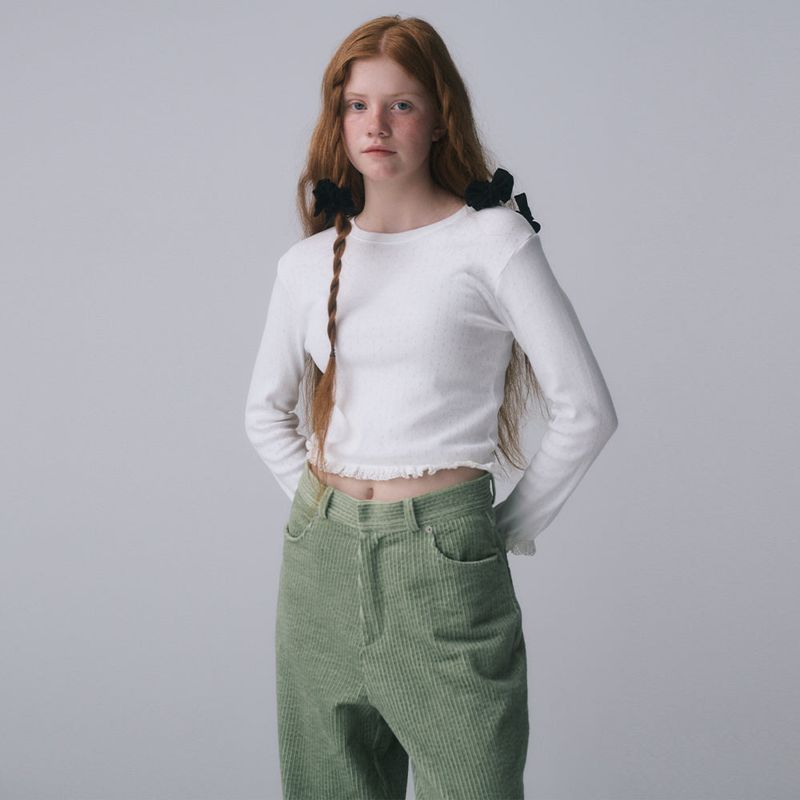 LACE HEM LONG SLEEVE TEE, WHITE