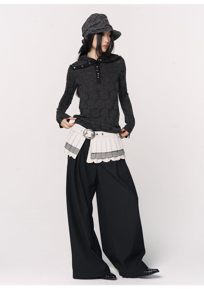CONFUN Henry rivet patchwork lapel jacquard knitted slim top