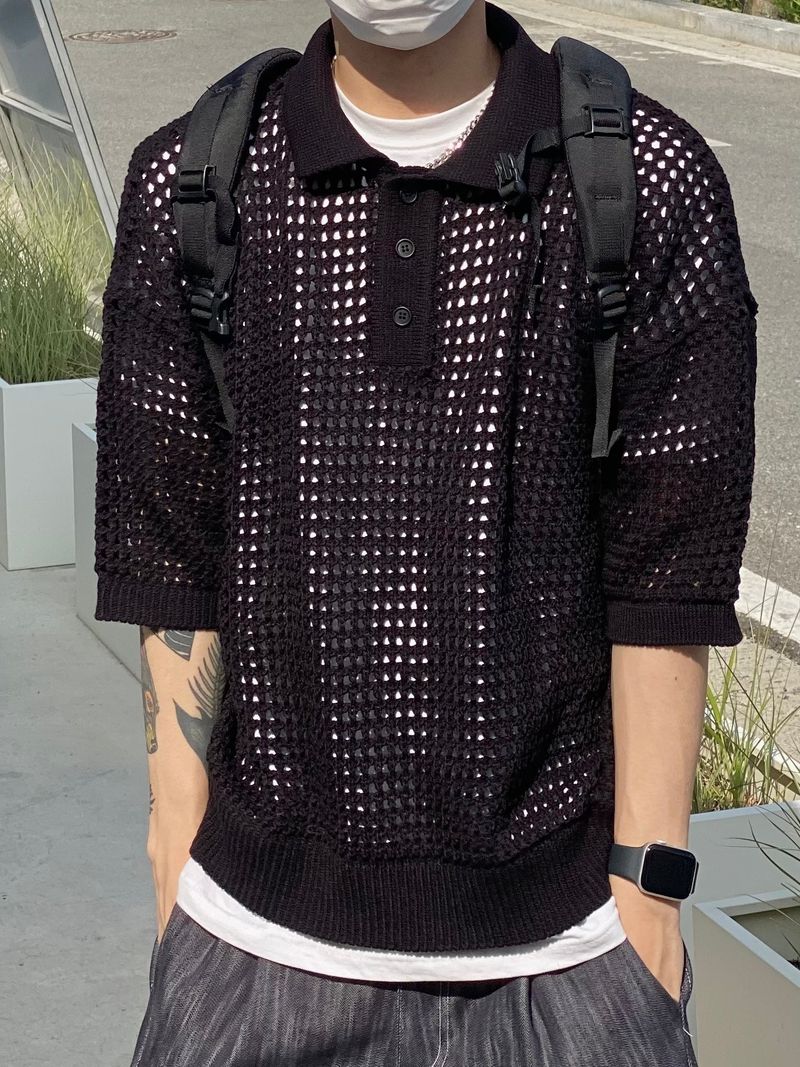 Mesh collar short sleeve knit 3C