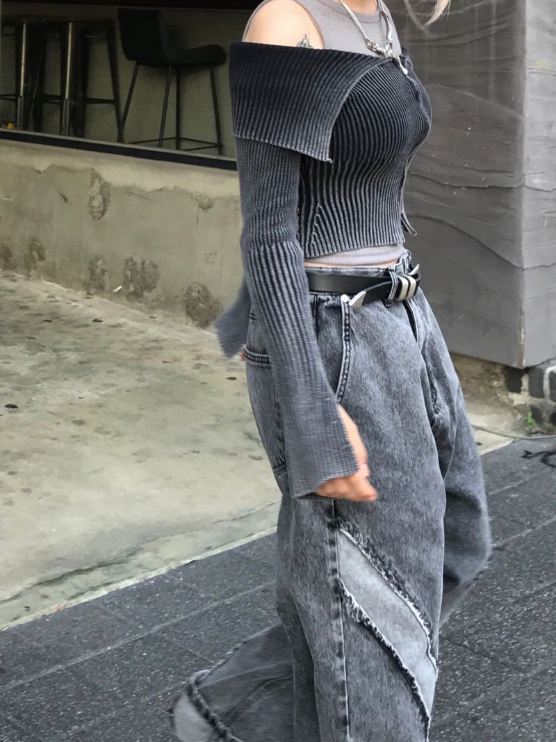 Unique cutting line grunge wide denim pants