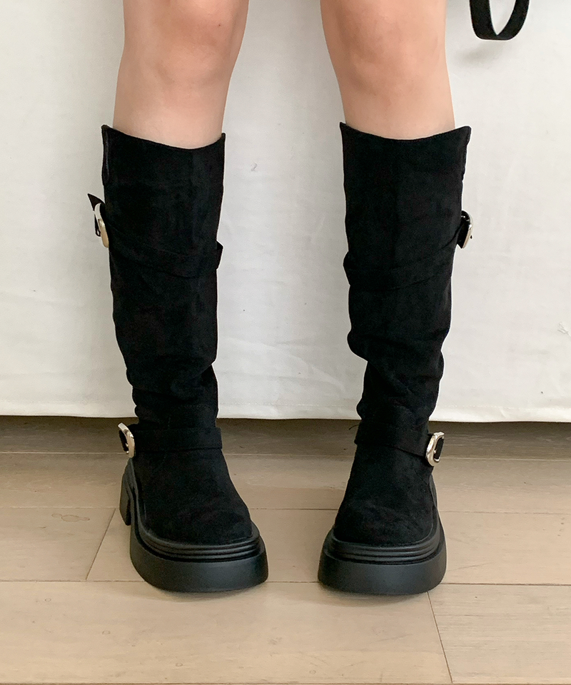 line suede buckle slouch long bootS