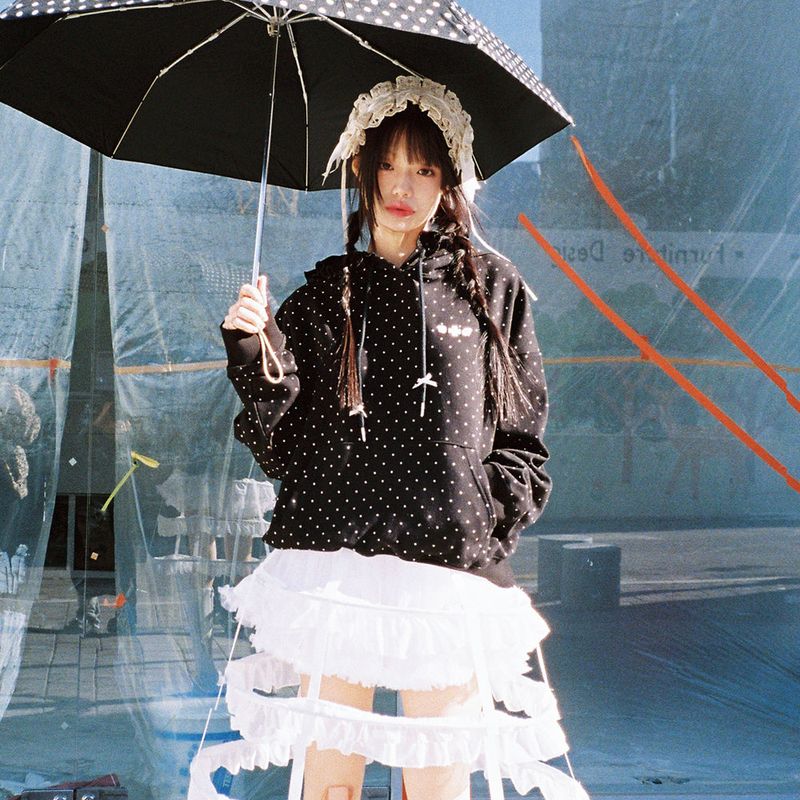 Dot Ruffle Hoodie - BLACK