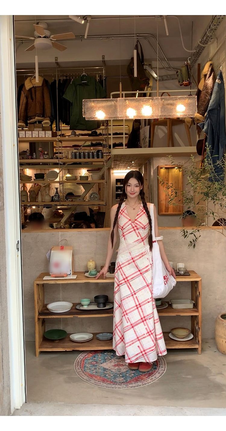 Red checkered V-neck sleeveless long dress