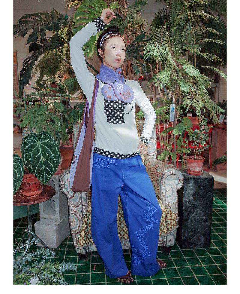 UnsocalNight2025 Original Literary Retro Autumn and Winter プリントブルーストレートマシェパンツ