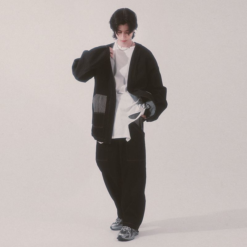 stripe patch denim pants_black