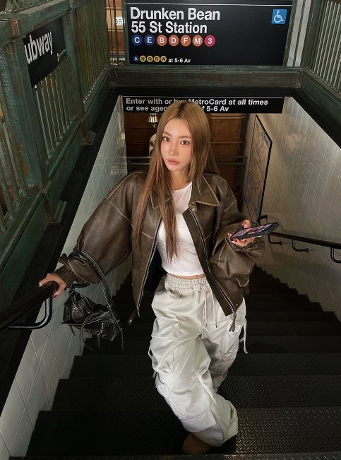 fade crack washed balloon leather jacket