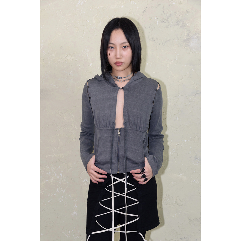 SLEEVE-OFF SHIRRING HOODIE