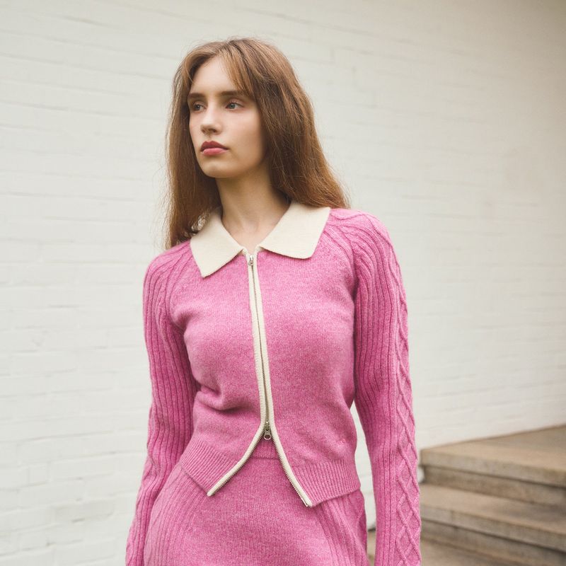 MERINO WOOL ZIP-UP CARDIGAN - PINK