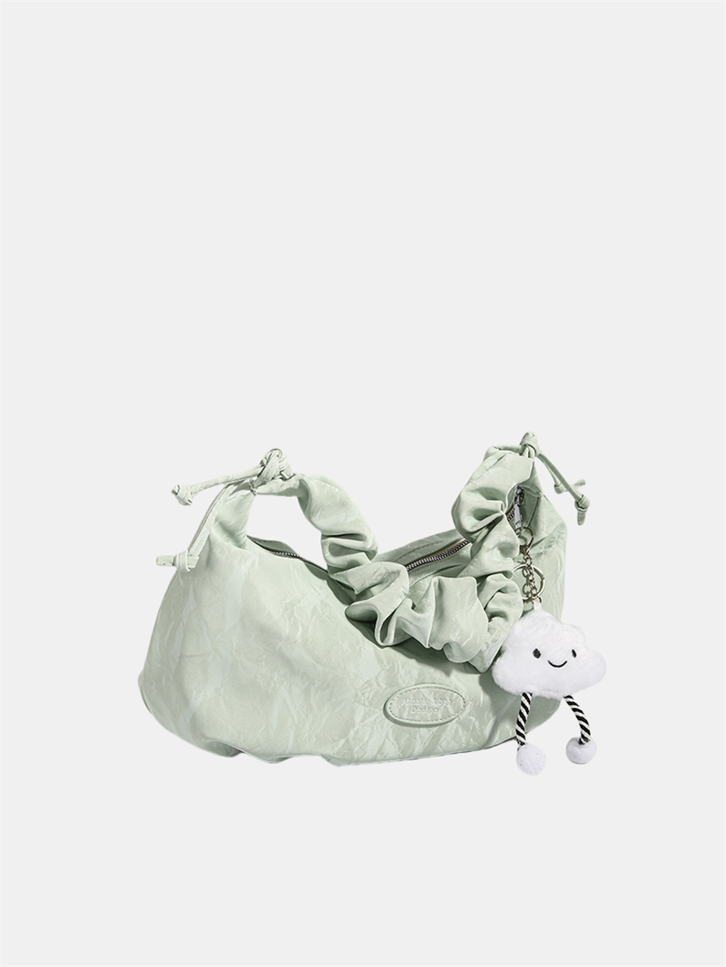 Cloud doll key ring bag denim washed leather wave pattern wrinkle strap zipper shoulder bag