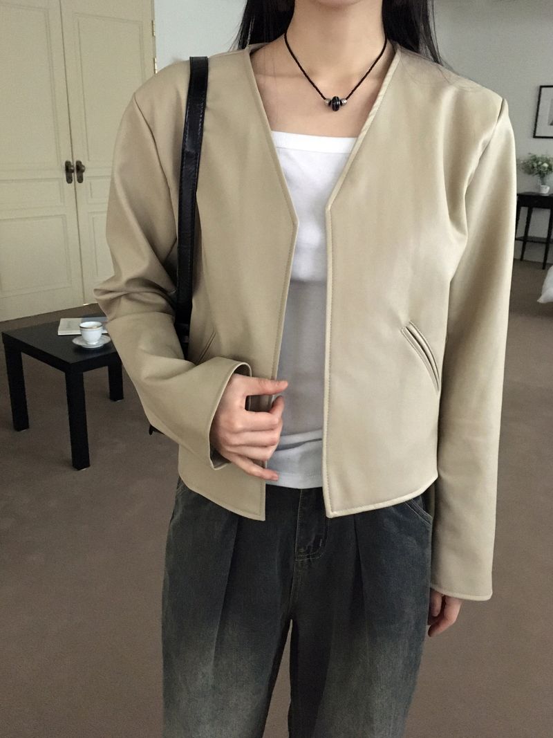 TF no-collar V short leather jacket