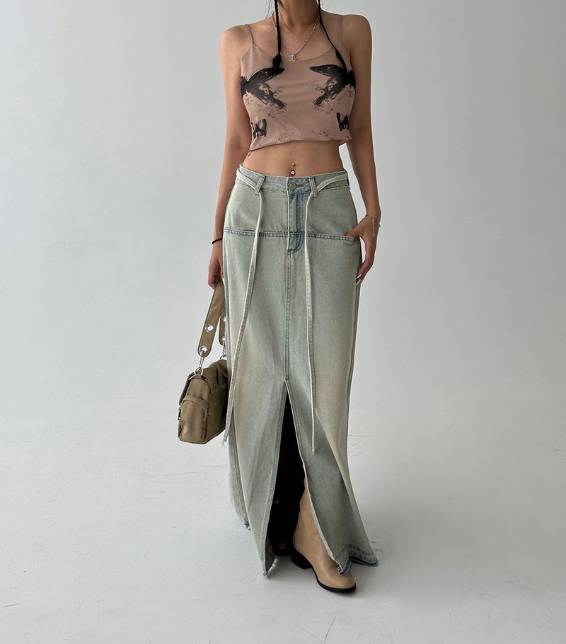Strap belt Set Denim Long Skirt