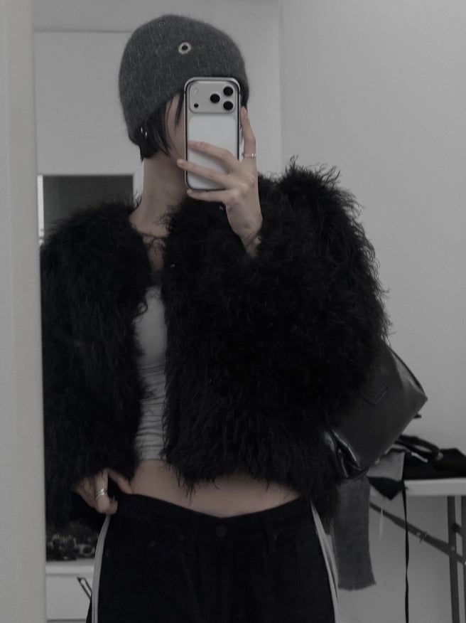 Eyelet Angora Fur Short Beanie