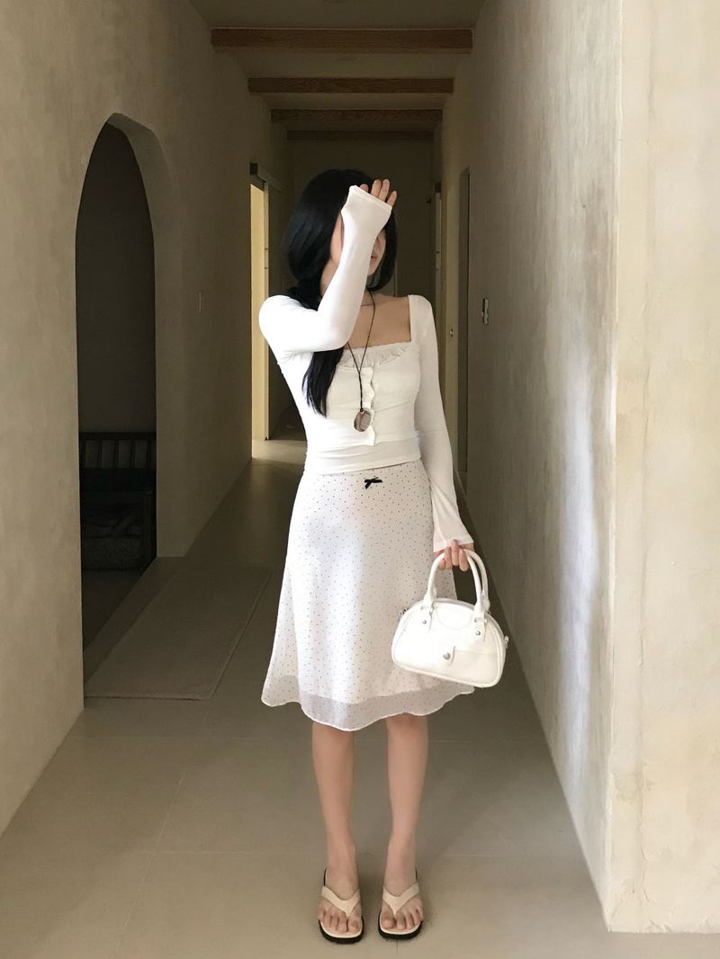 White Pure Dot Midi Skirt