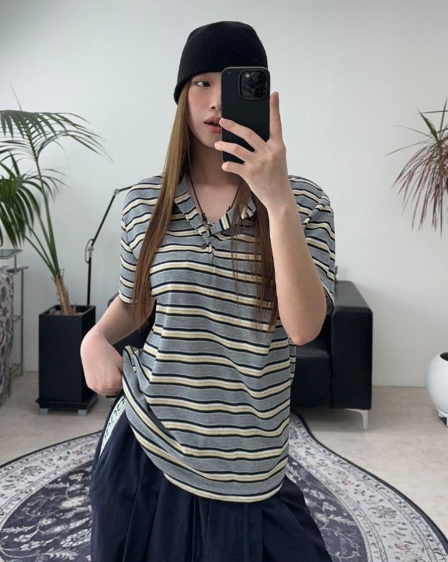 Roan Striped Henley Neck Short Sleeve Tee