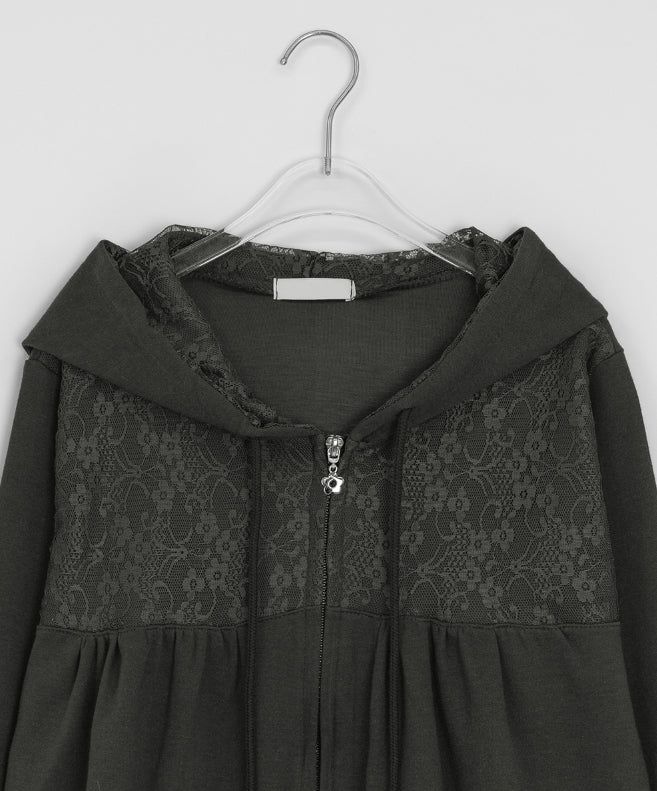 Sigyu Flower Lace Shirring Hood Zip-up
